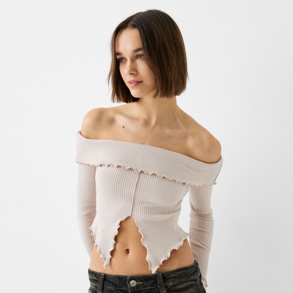 BERSHKA Bardot neck sweater in Stone
